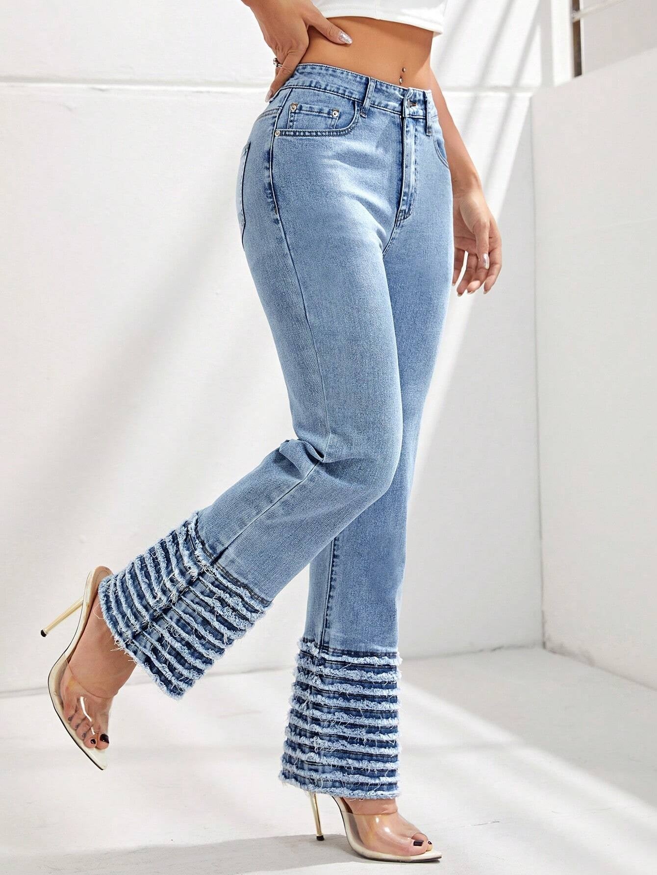CM-BS076701 Women Preppy Seoul Style Light Wash Raw Hem Flare Leg Jeans