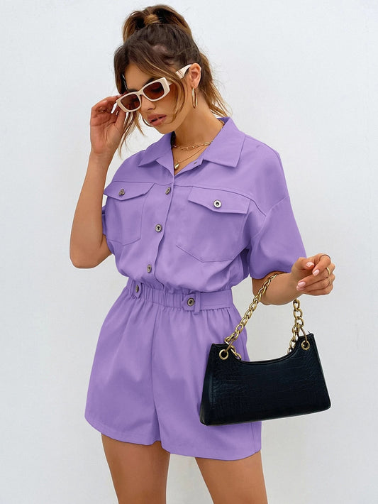 CM-JS211360 Women Casual Seoul Style Flap Pocket Drop Shoulder Shirt Romper - Lilac Purple