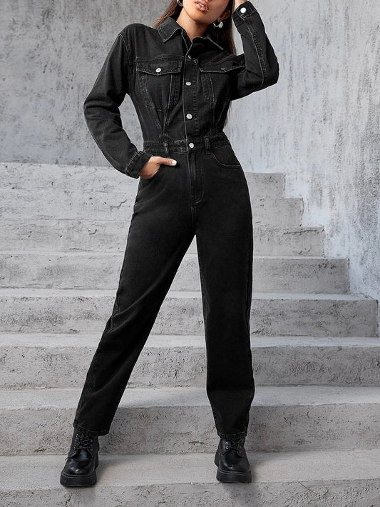 CM-JS071677 Women Casual Seoul Style Flap Pocket Button Front Denim Jumpsuit - Black