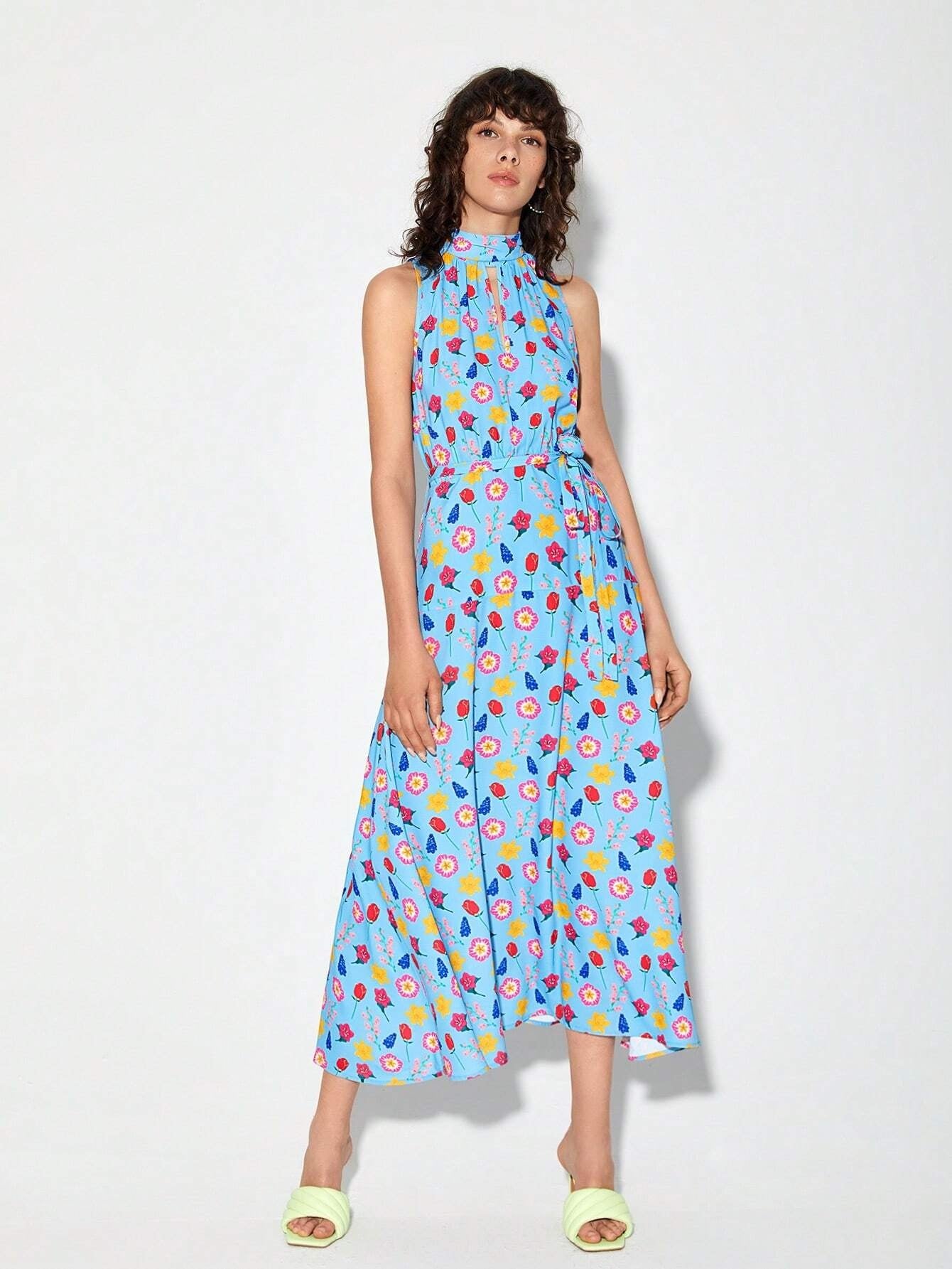 CM-DS611414 Women Trendy Bohemian Style Allover Print Mock Neck Belted Dress