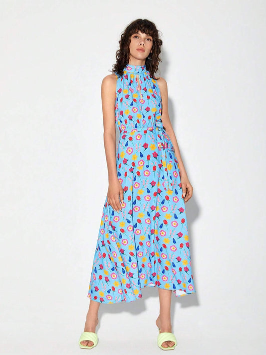 CM-DS611414 Women Trendy Bohemian Style Allover Print Mock Neck Belted Dress