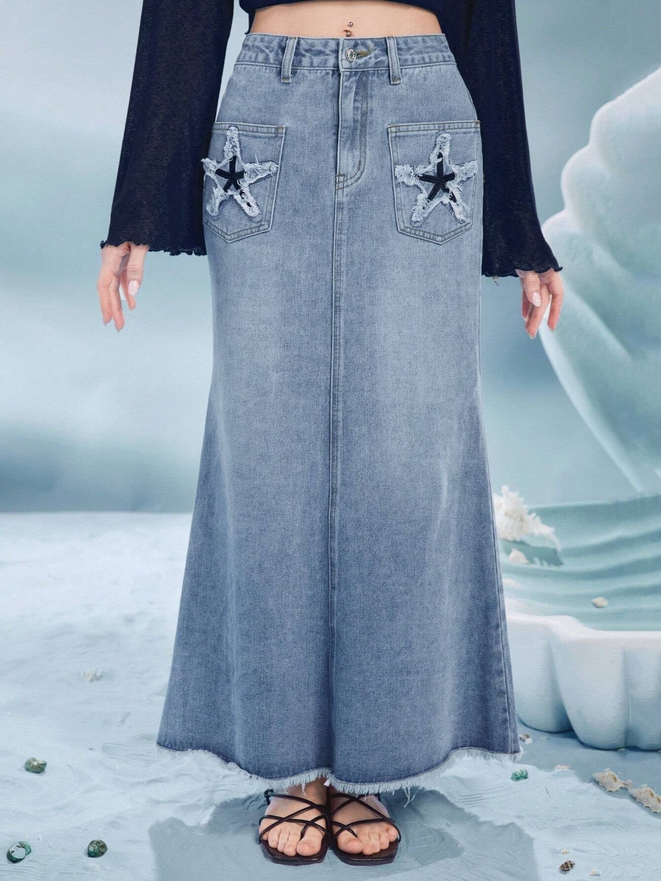 CM-BS422566 Women Casual Seoul Style Light Wash Star Print Raw Hem Denim Skirt