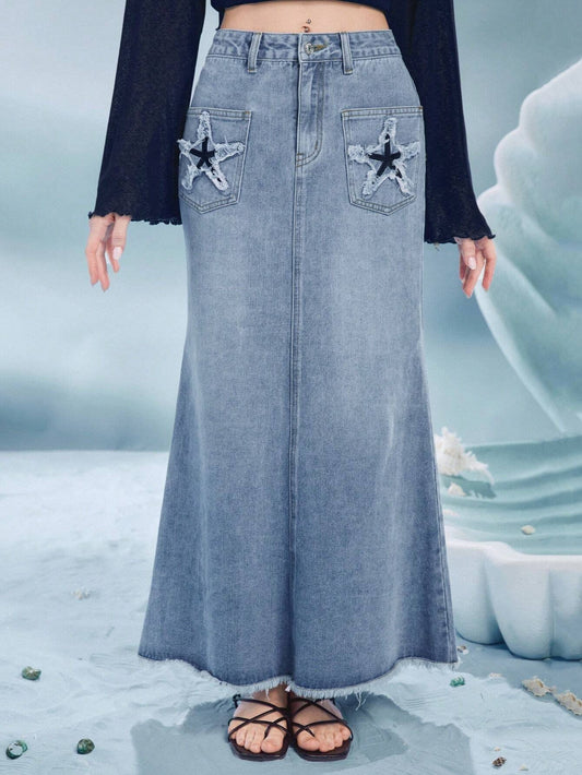 CM-BS422566 Women Casual Seoul Style Light Wash Star Print Raw Hem Denim Skirt