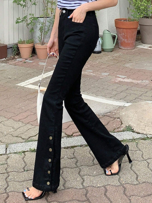 CM-BS904004 Women Casual Seoul Style Solid Button Detail Flare Leg Jeans - Black