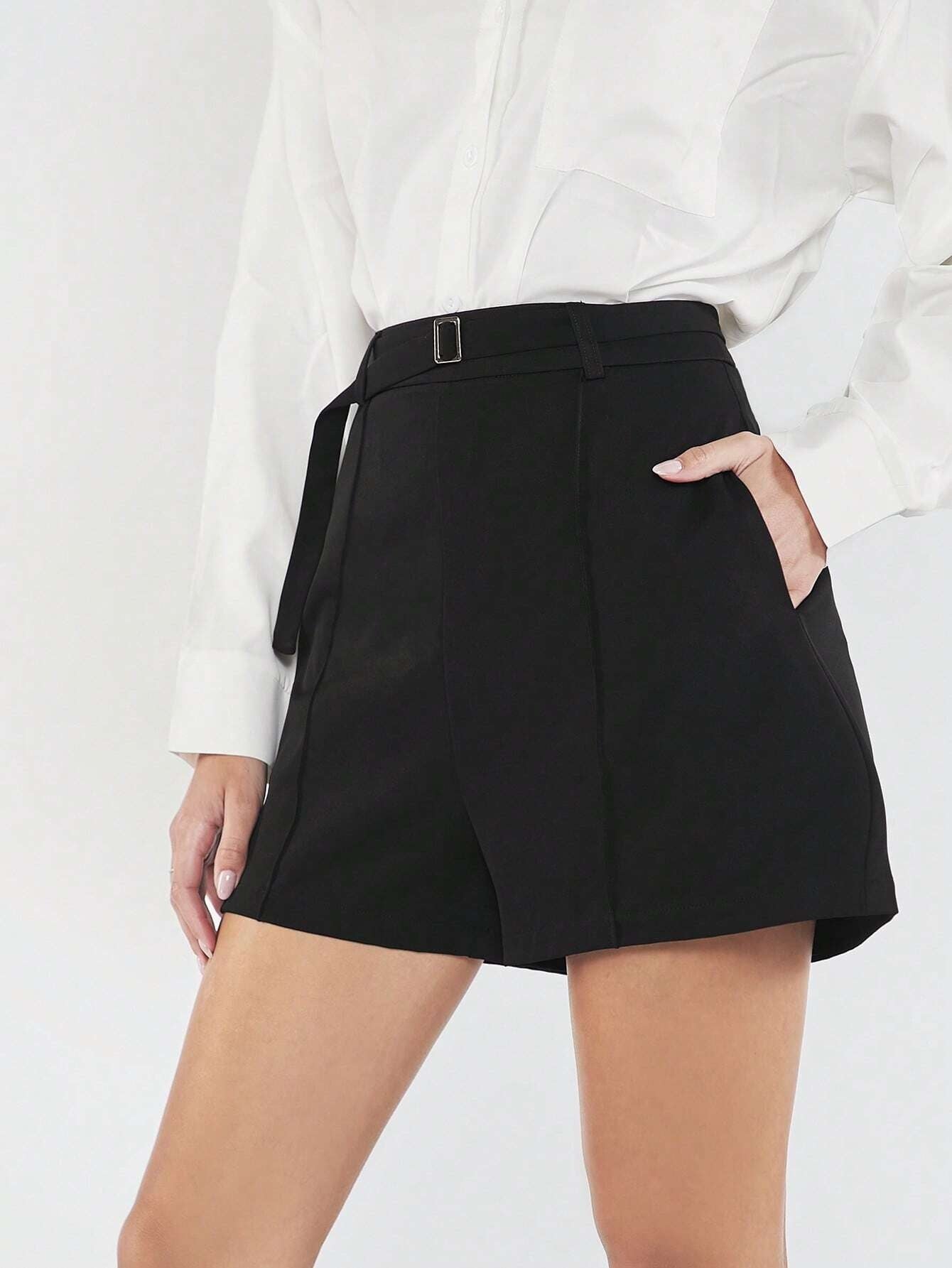 CM-BS601416 Women Casual Seoul Style High Waist Solid Belted Wide Leg Shorts - Black