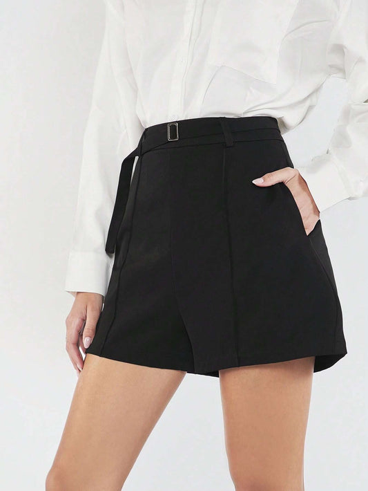 CM-BS601416 Women Casual Seoul Style High Waist Solid Belted Wide Leg Shorts - Black