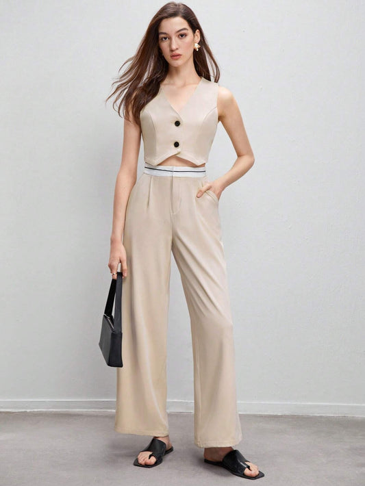 CM-SS441441 Women Elegant Seoul Style Button Front Vest Jacket With Wide Leg Pants - Set