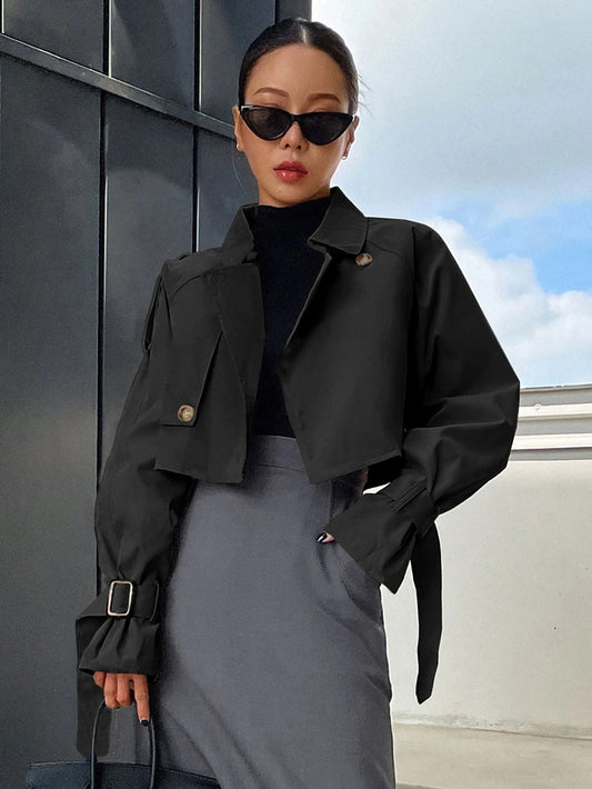 CM-CS731613 Women Elegant Seoul Style Buckle Raglan Sleeve Crop Trench Coat - Black