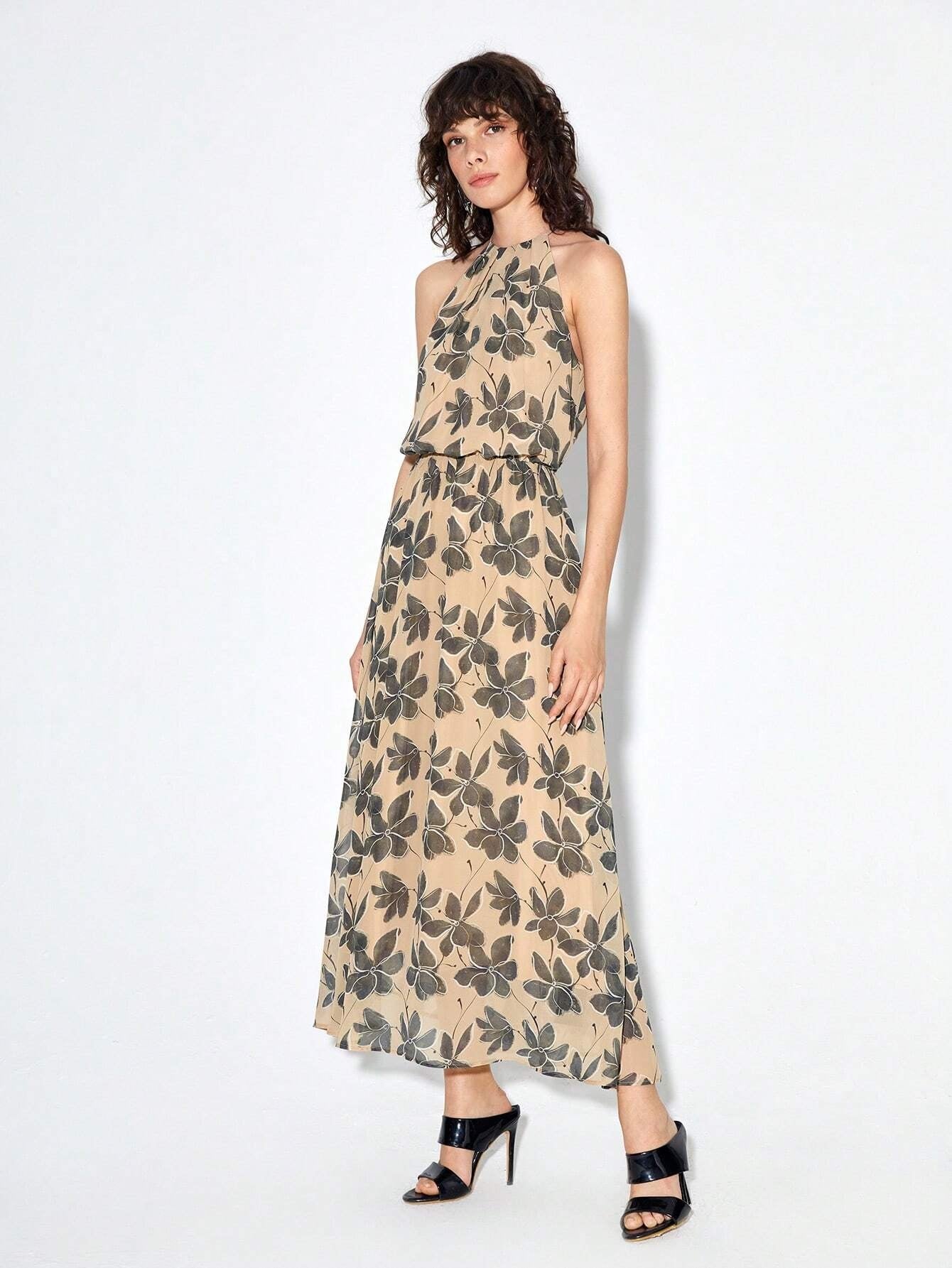 CM-DS760770 Trendy Bohemian Style Sleeveless Floral Print Halter Neck Dress