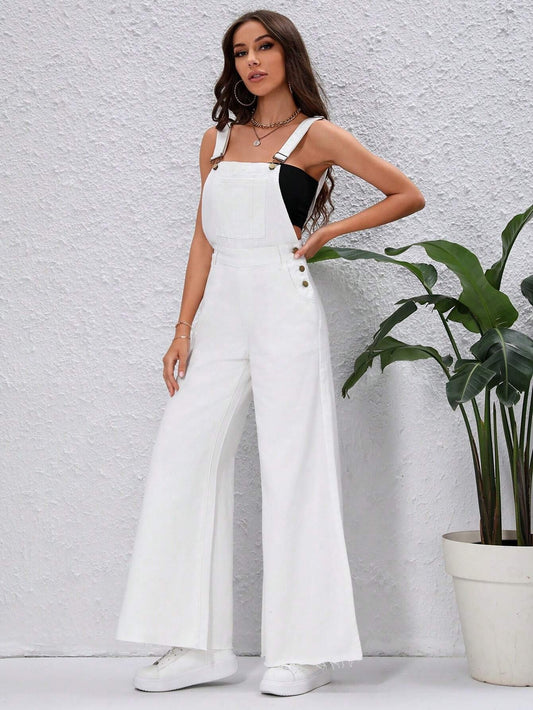 CM-JS528503 Women Casual Seoul Style Button Detail Wide Leg Denim Overalls - White