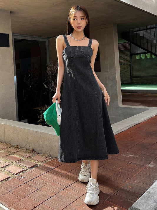 CM-DS195132 Women Casual Seoul Style Solid Zip Back Cami Denim Dress - Dark Gray