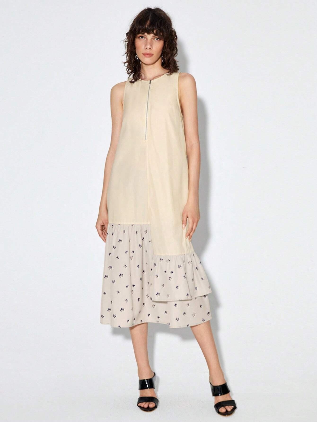 CM-DS908098 Casual Seoul Style Sleeveless Ditsy Floral Ruffle Hem Smock Dress - Apricot