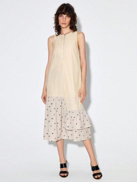CM-DS908098 Casual Seoul Style Sleeveless Ditsy Floral Ruffle Hem Smock Dress - Apricot