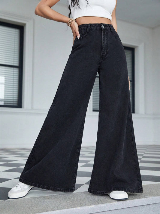 CM-BS434641 Women Casual Seoul Style High Waist Wide Leg Jeans - Black