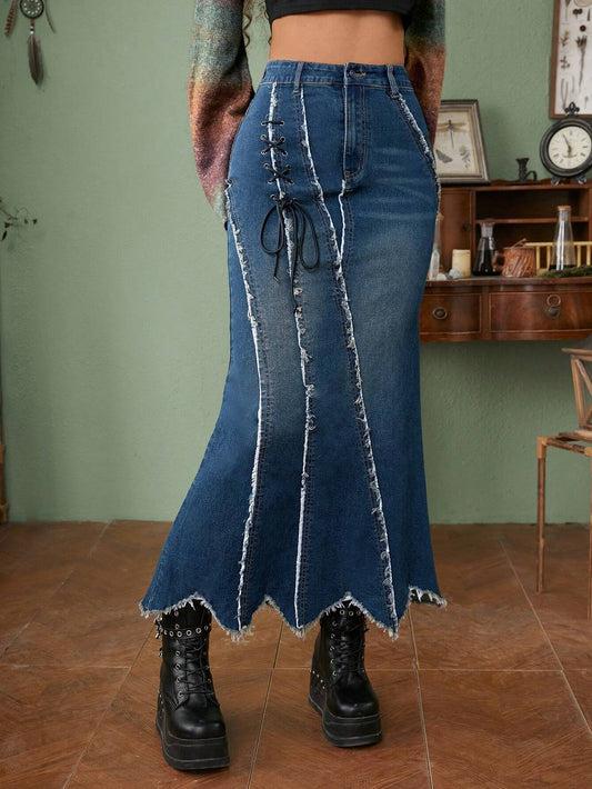 CM-BS239811 Women Preppy Seoul Style Lace Up Front Raw Trim Mermaid Hem Denim Skirt