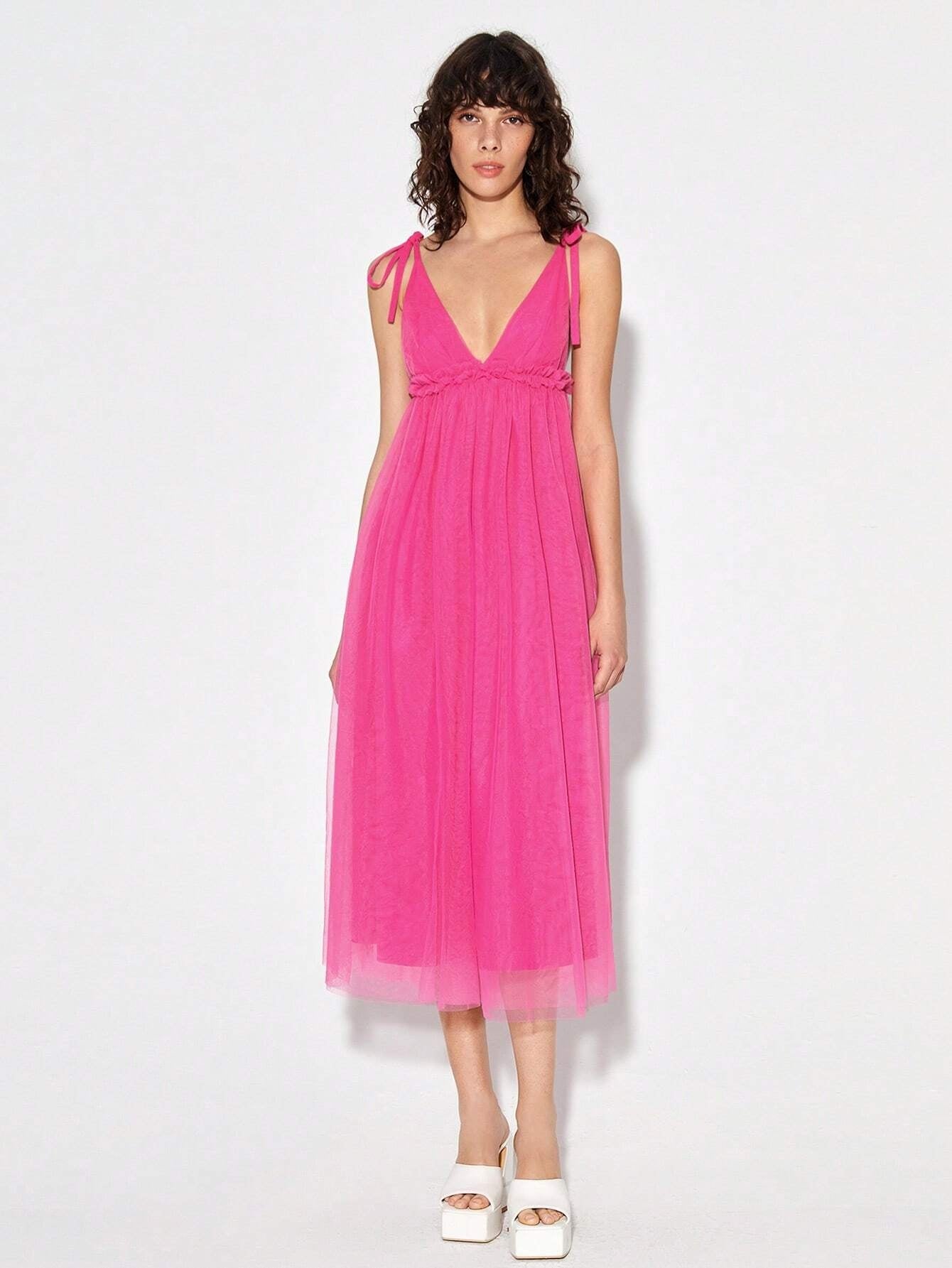 CM-DS397137 Women Elegant Seoul Style Tie Shoulder Ruched Bust Mesh Overlay Cami Dress