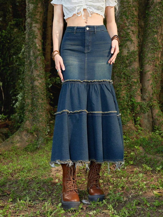 CM-BS159792 Women Casual Seoul Style Dark Wash Raw Hem Denim Skirt
