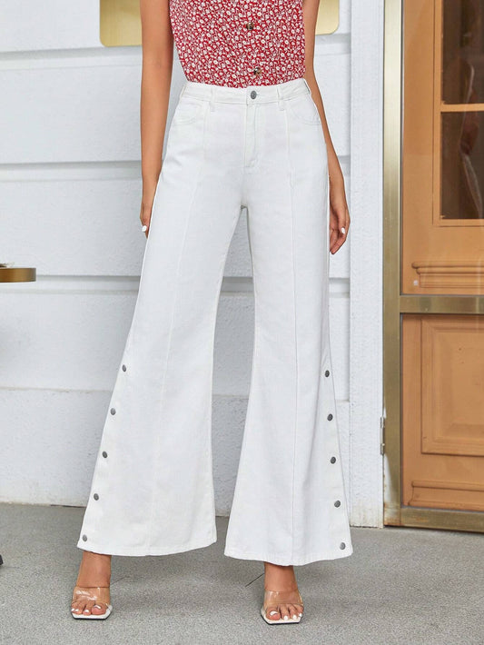 CM-BS174156 Women Preppy Seoul Style Button Detail Flare Leg Jeans - White