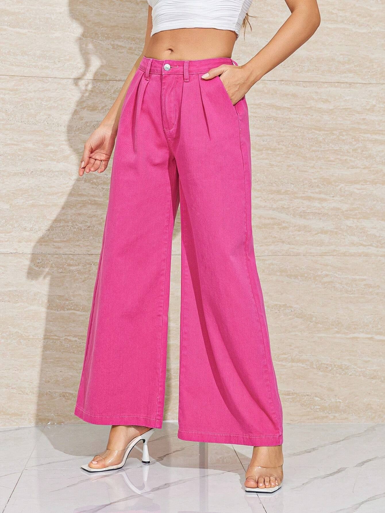 CM-BS640375 Women Casual Seoul Style High Waist Solid Wide Leg Jeans - Pink