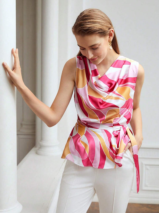 CM-TS948269 Women Elegant Seoul Style Sleeveless Abstract Print Tie-Side Blouse