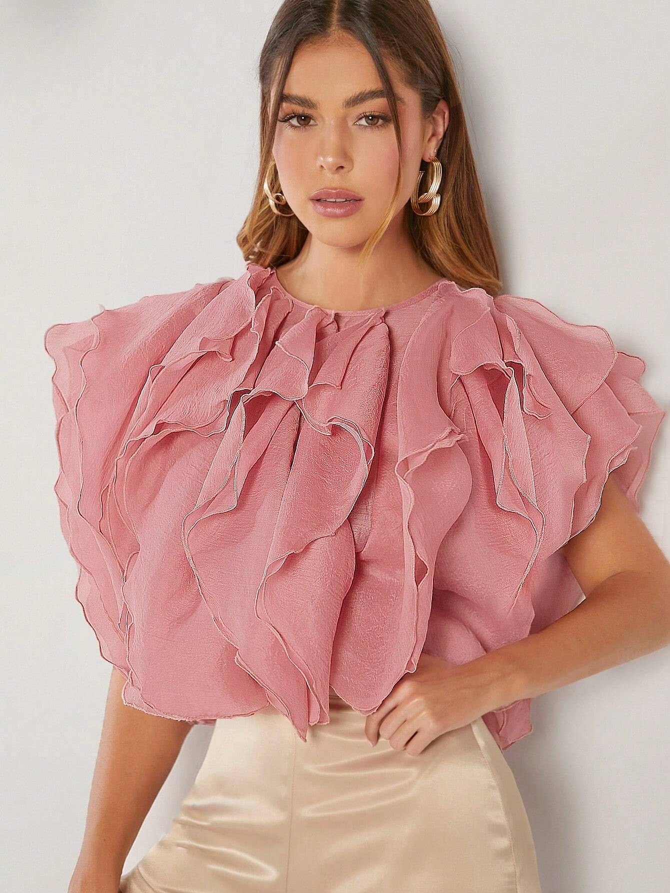CM-TS510301 Women Elegant Seoul Style Round Neck Ruffle Trim Solid Top - Dusty Pink