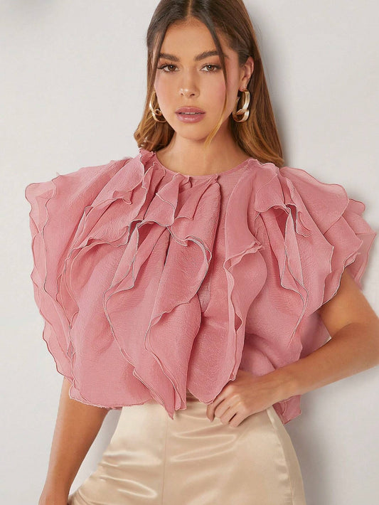 CM-TS510301 Women Elegant Seoul Style Round Neck Ruffle Trim Solid Top - Dusty Pink