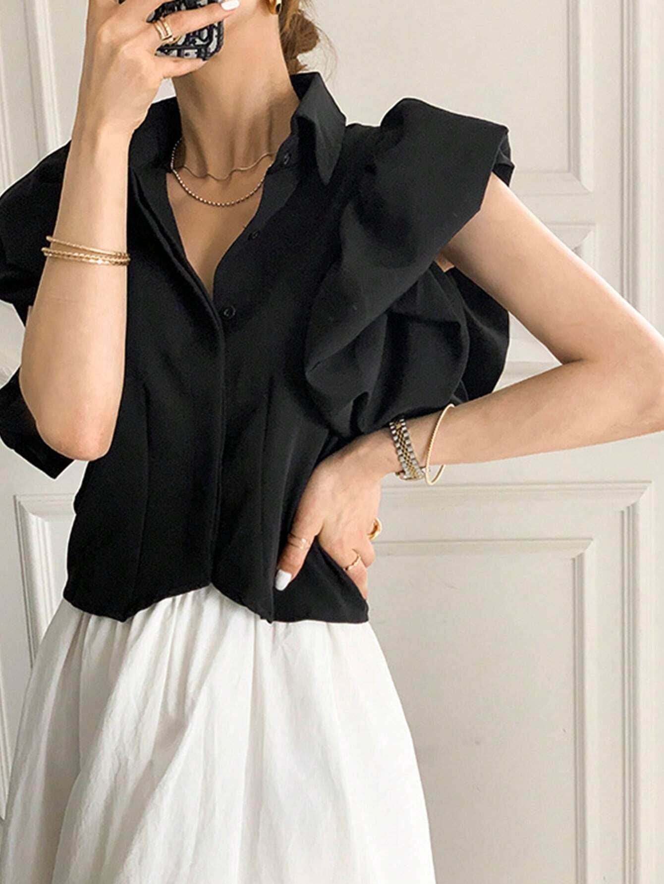 CM-TS816537 Women Elegant Seoul Style Solid Button Front Exaggerated Sleeve Shirt - Black