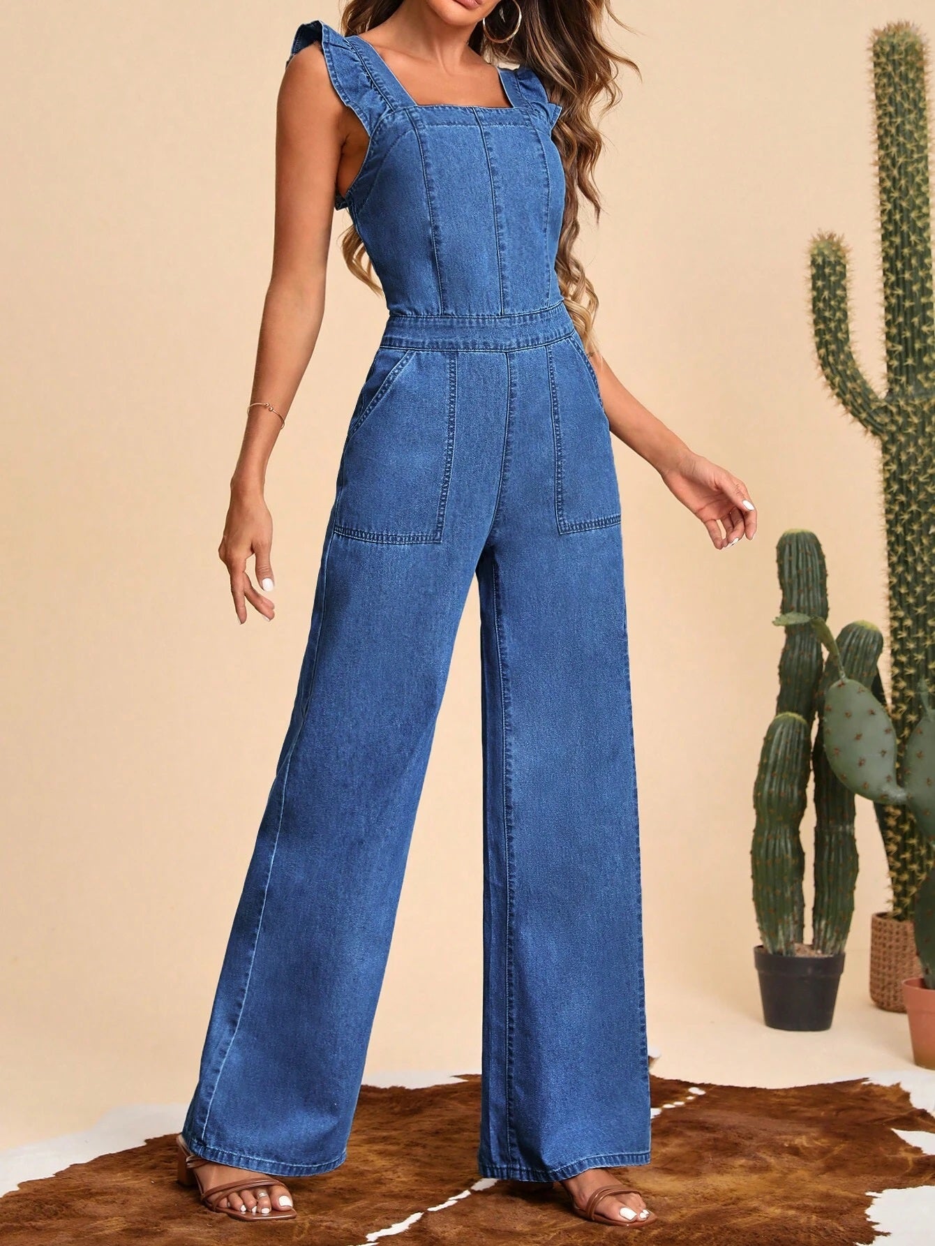 CM-JS741919 Women Preppy Seoul Style Dark Wash Ruffle Trim Wide Leg Denim Jumpsuit