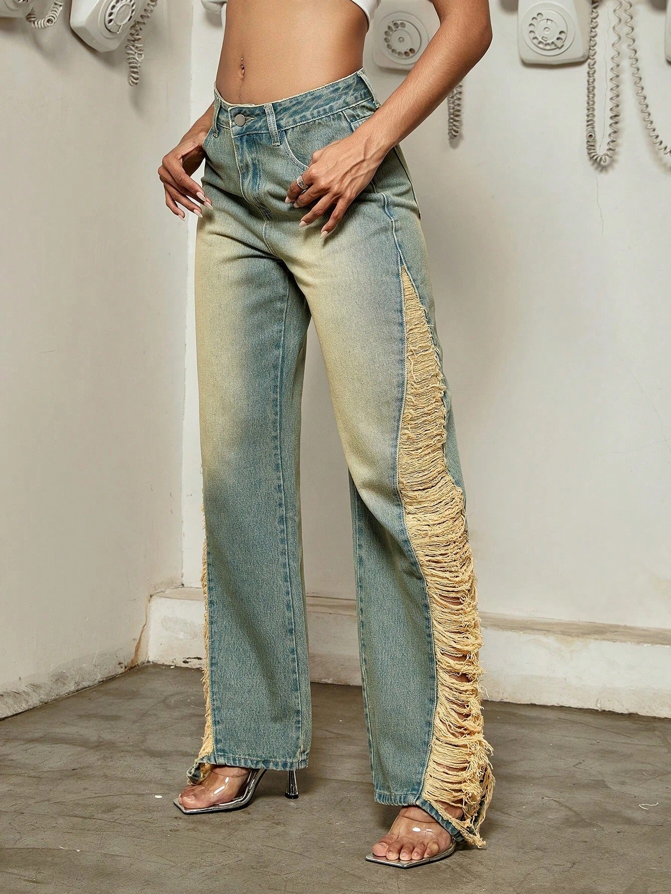 CM-BS143121 Women Preppy Seoul Style Light Wash High Waist Ripped Jeans