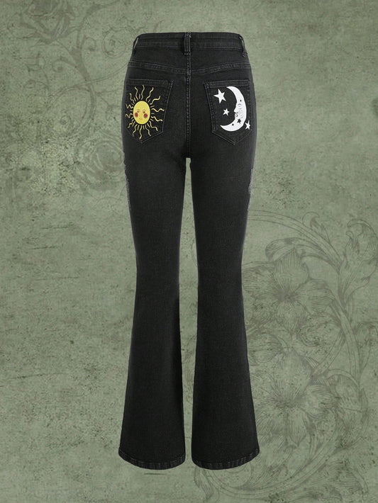 CM-BS221124 Women Preppy Seoul Style Sun And Moon Graphic Flare Leg Jeans - Dark Gray