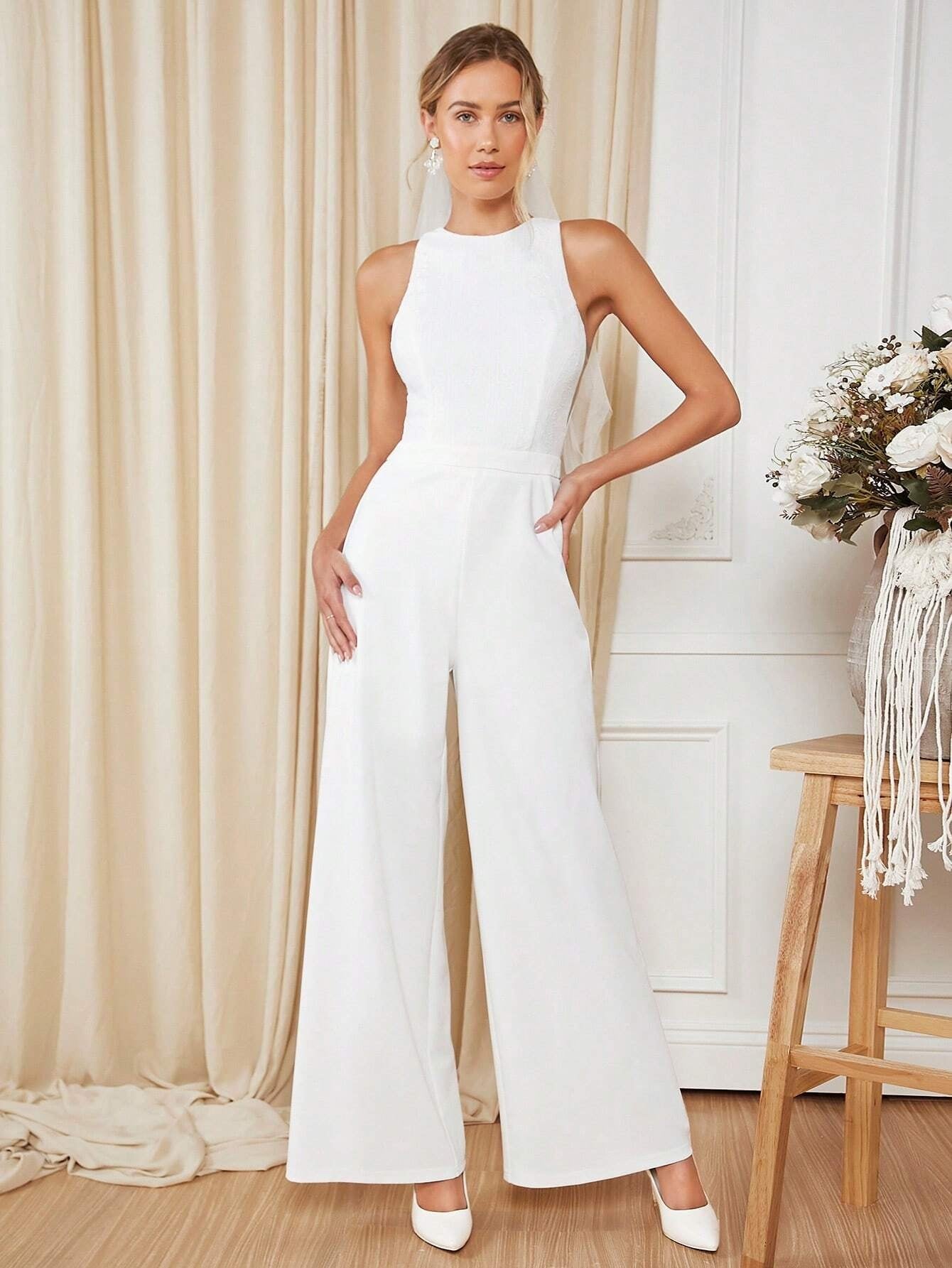 CM-JS889597 Women Elegant Seoul Style Round Neck Sleeveless Solid Wide Leg Jumpsuit - White