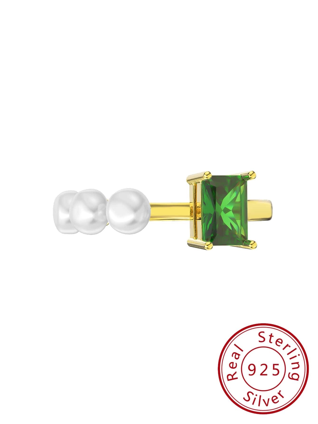 CM-AR853744 925 Sterling Silver Cultured Freshwater Pearls Green Cubic Zirconia Adjustable Ring