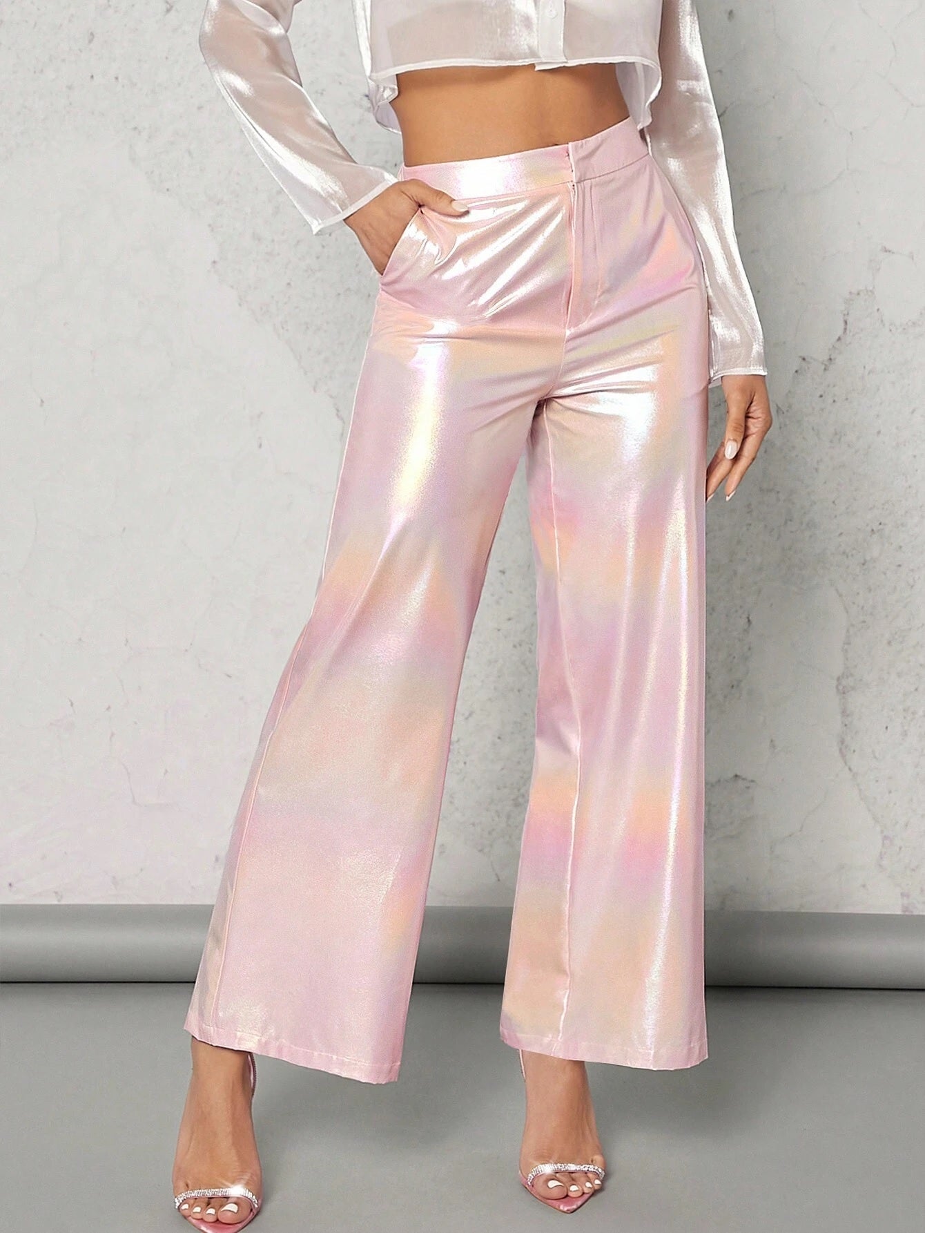 CM-BS515575 Women Elegant Seoul Style High Waist Holographic Straight Leg Pants