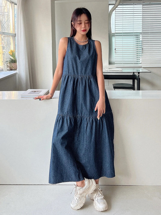 CM-DS222286 Women Casual Seoul Style Dark Wash Ruffle Hem Denim Smock Dress