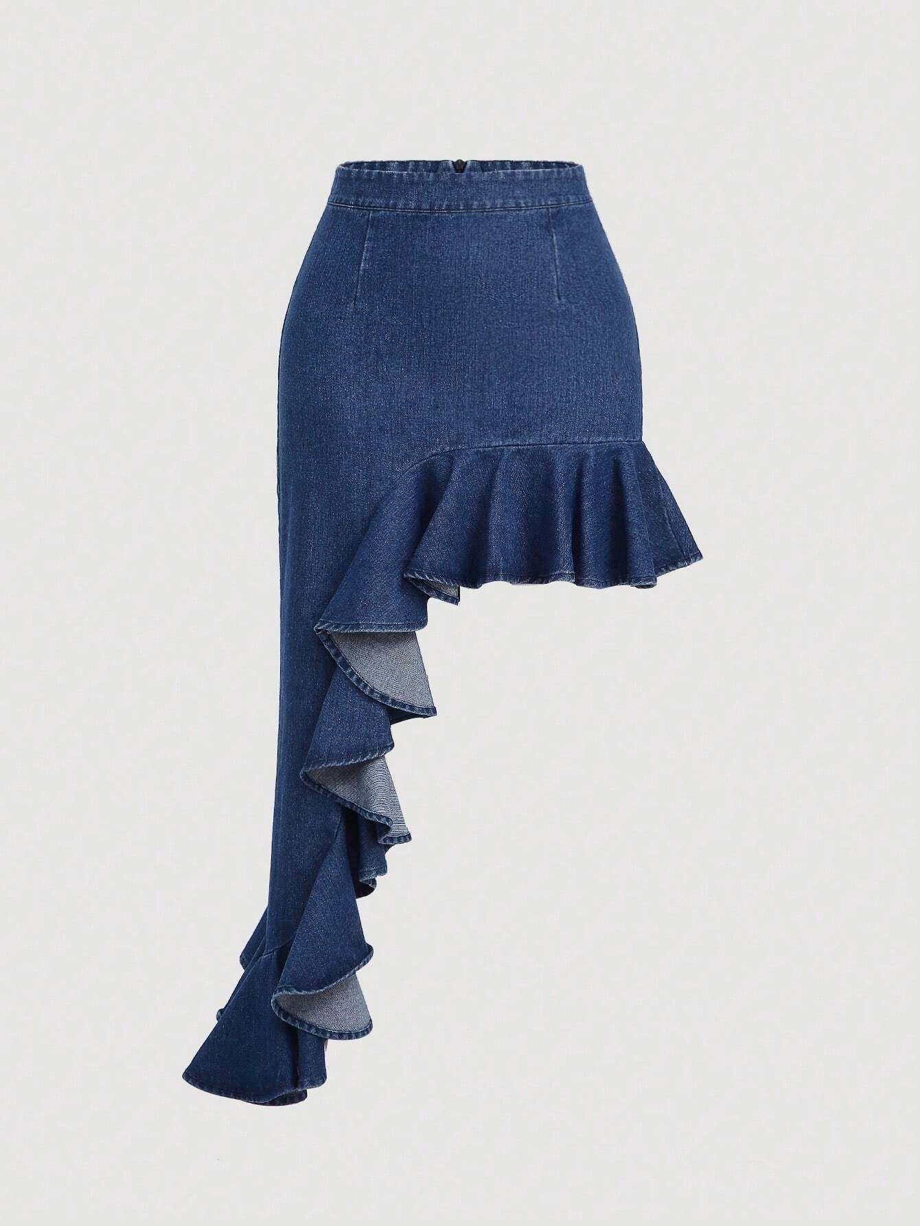 CM-BS569881 Women Preppy Seoul Style Ruffle Trim Asymmetrical Hem Denim Skirt