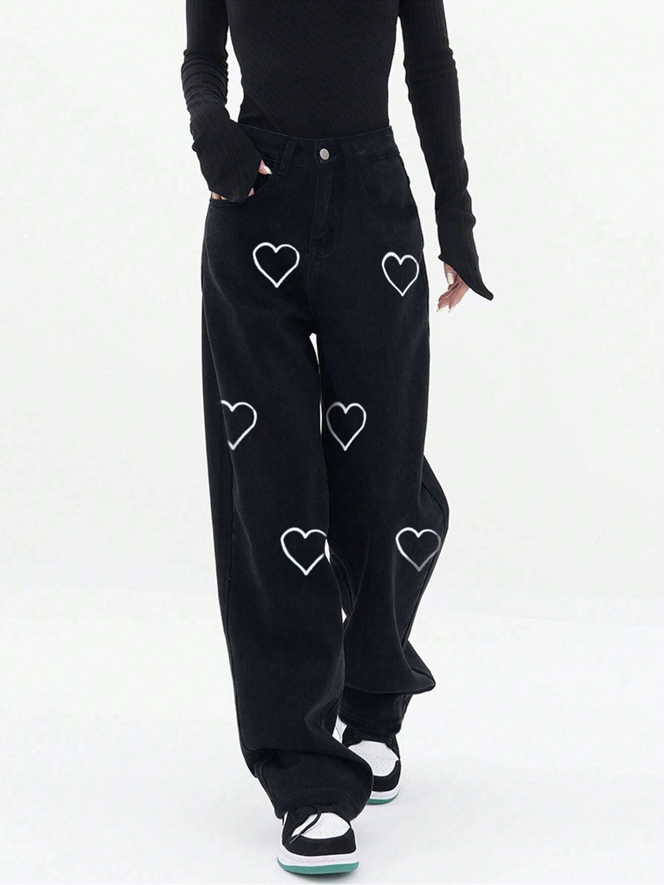 CM-BS499231 Women Casual Seoul Style High Waist Heart Print Wide Leg Jeans - Black