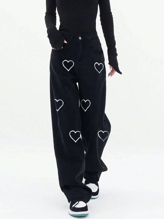 CM-BS499231 Women Casual Seoul Style High Waist Heart Print Wide Leg Jeans - Black