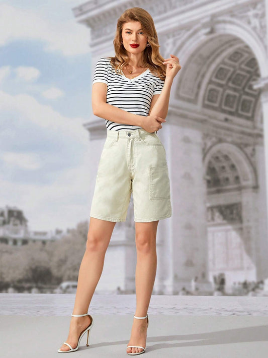 CM-BS200876 Women Casual Seoul Style Solid Pocket Patched Denim Shorts - Apricot