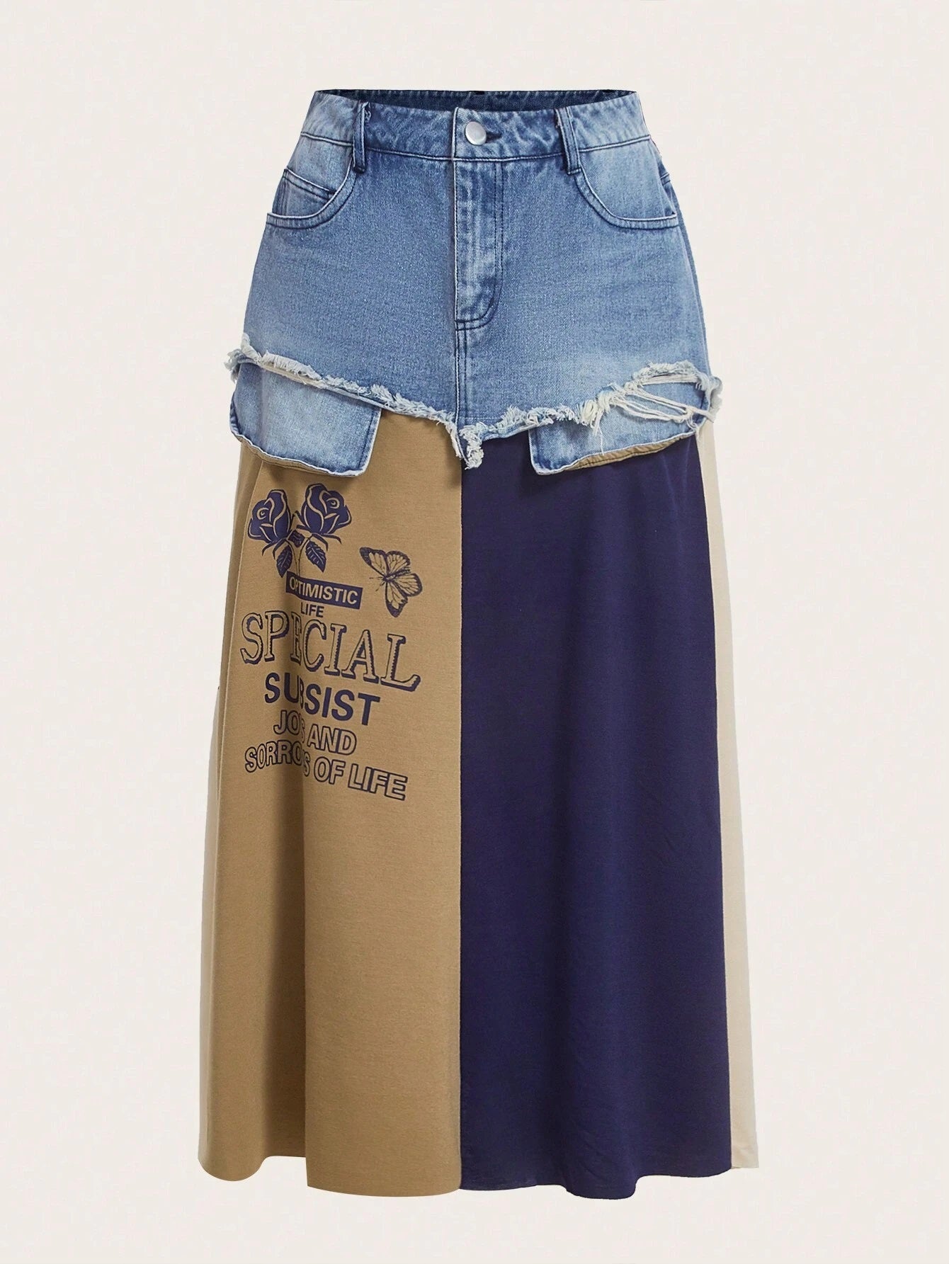 CM-BS027677 Women Preppy Seoul Style Slogan And Floral Print Colorblock Raw Trim Denim Skirt