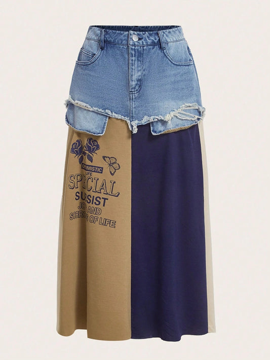CM-BS027677 Women Preppy Seoul Style Slogan And Floral Print Colorblock Raw Trim Denim Skirt