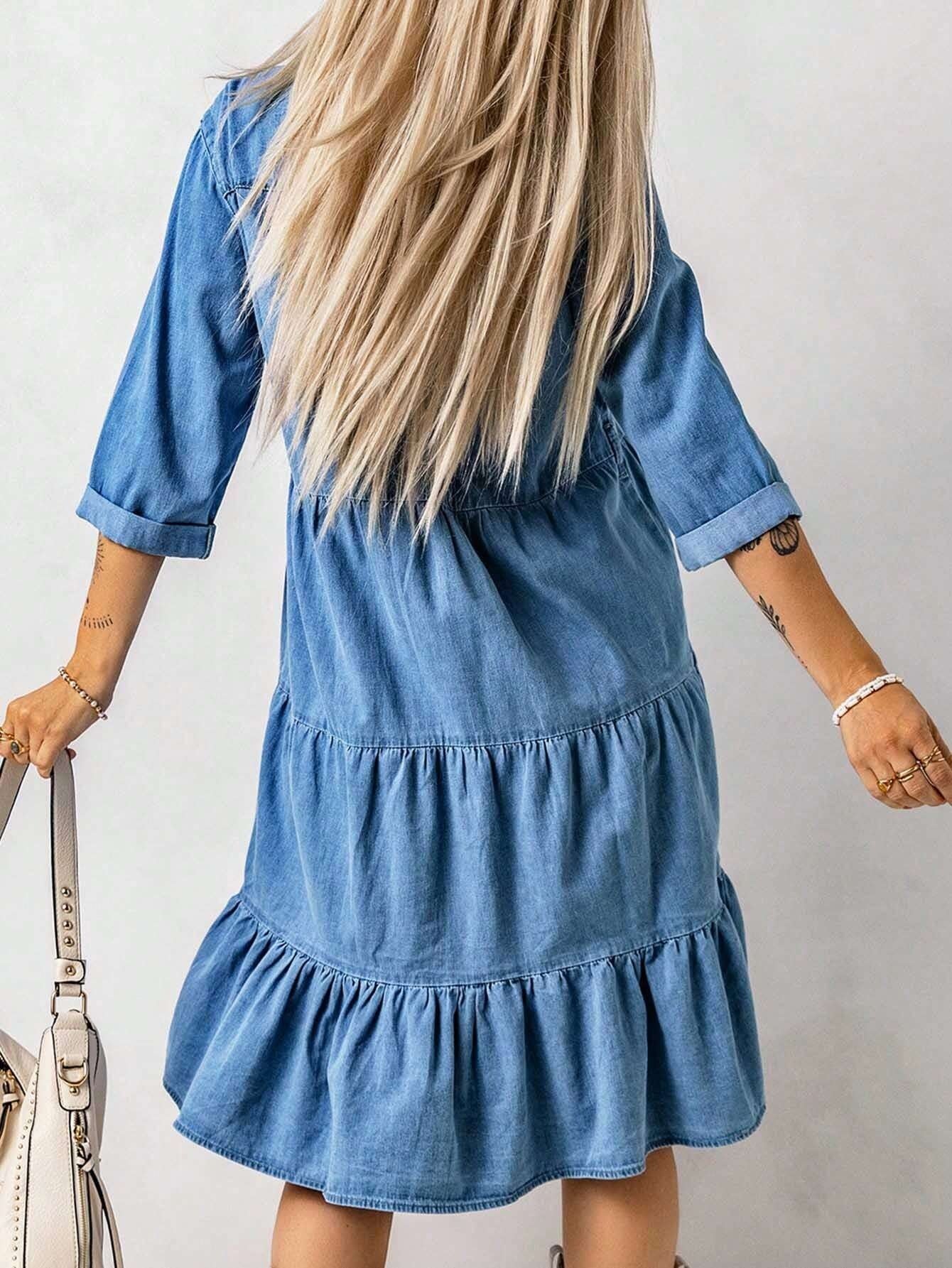 CM-DS276063 Women Preppy Seoul Style Ruffle Hem Button Front Denim Dress - Blue