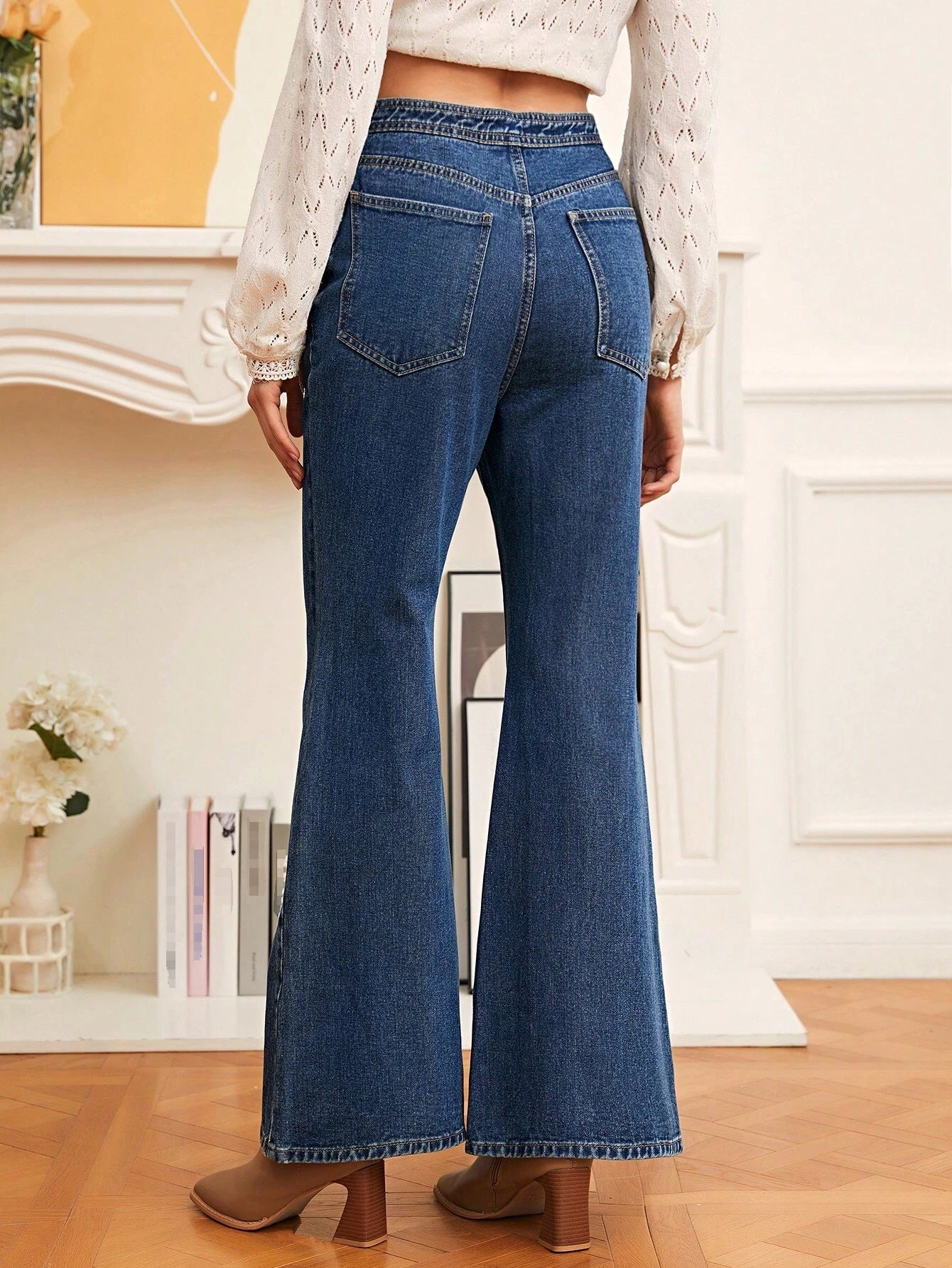 CM-BS341700 Women Casual Seoul Style Dark Wash High Waist Double Breasted Flare Leg Jeans