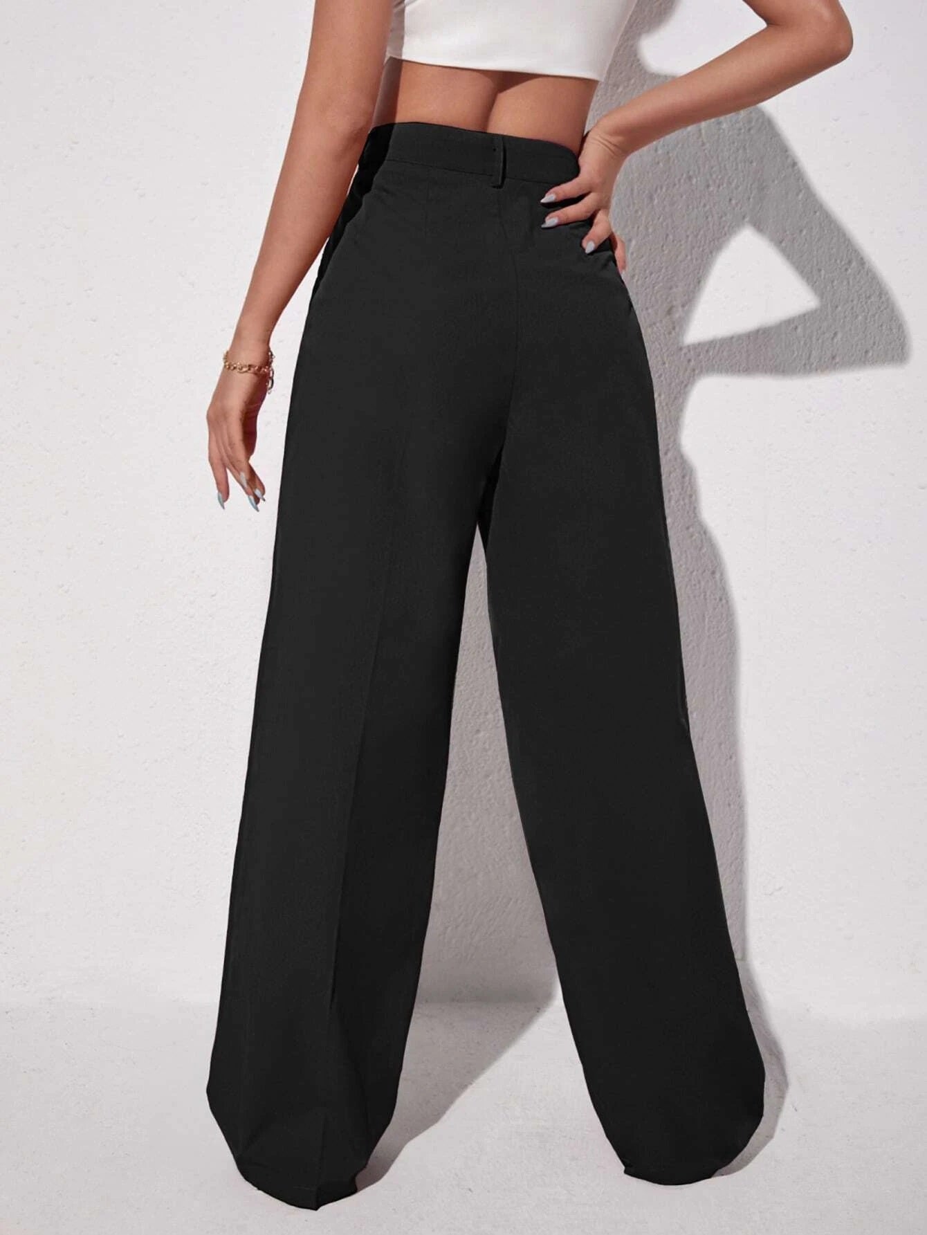 CM-BS232704 Women Elegant Seoul Style Solid Slant Pocket Wide Leg Pants - Black