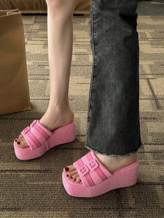 CM-SHS048522 Women Trendy Seoul Style Buckle Decor Faux Suede Wedge Slide Sandals - Pink
