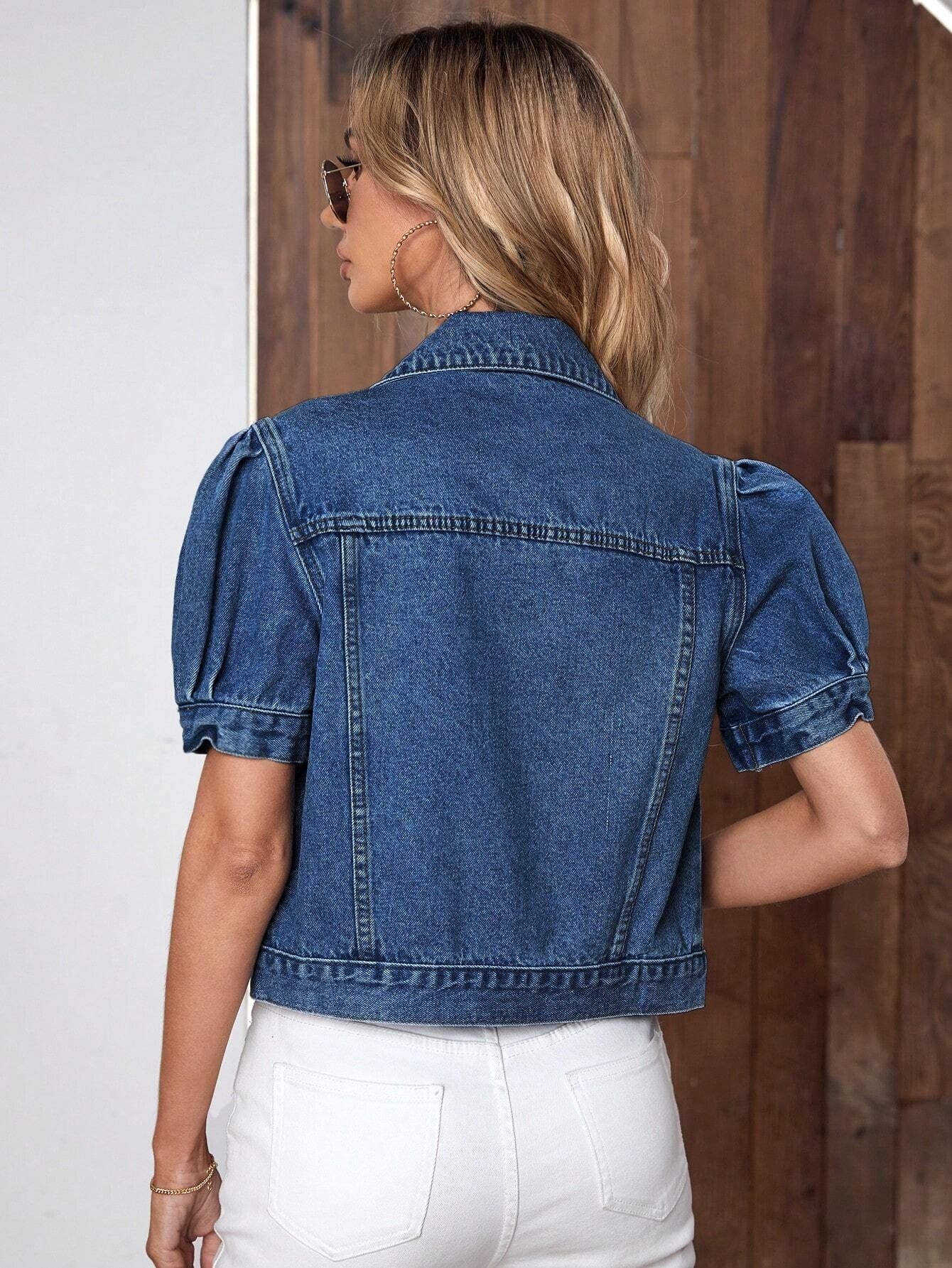 CM-CS603355 Women Casual Seoul Style Dark Wash Puff Sleeve Button Front Denim Jacket