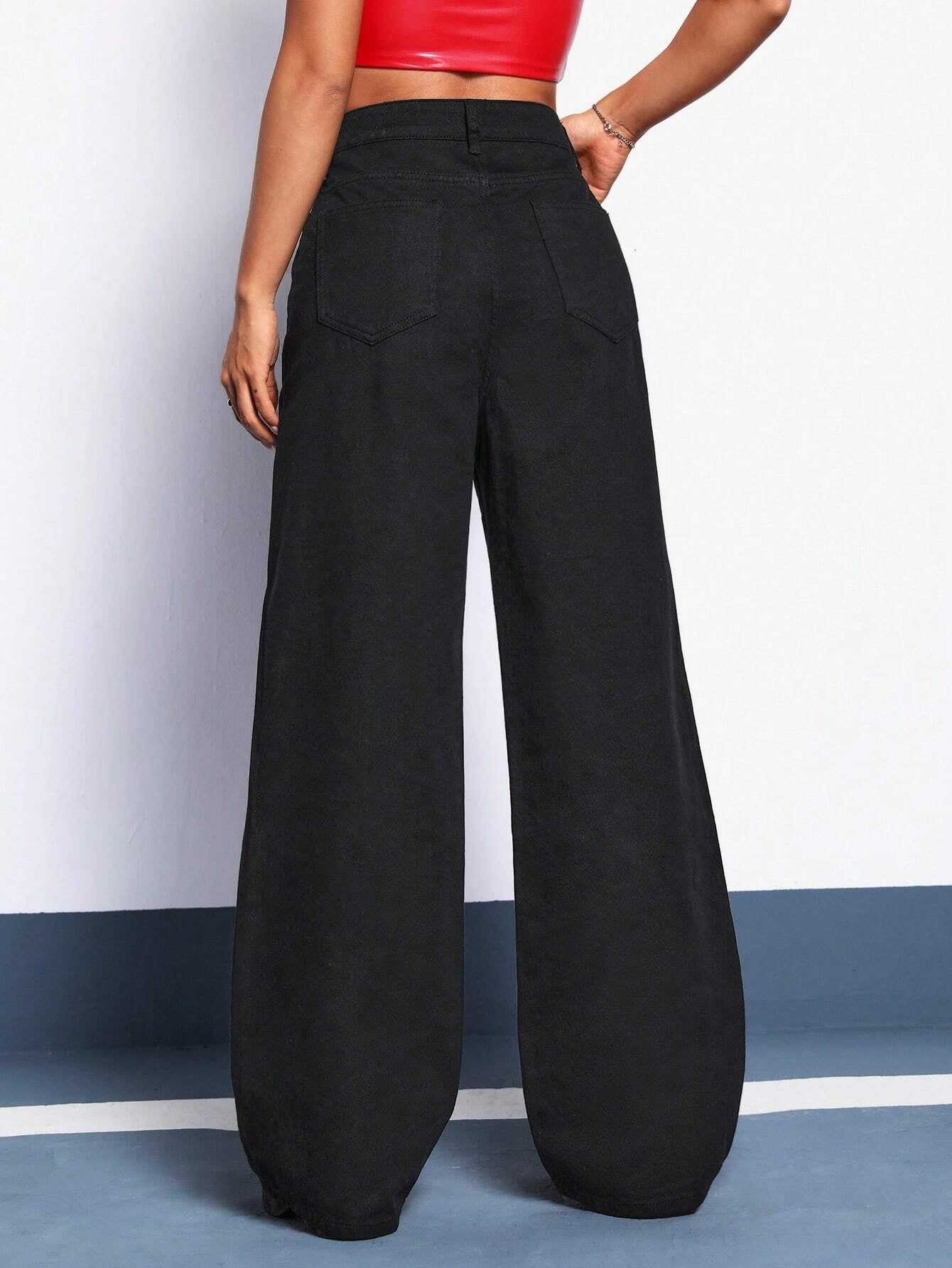 CM-BS066776 Women Casual Seoul Style Solid Wide Leg Jeans - Black