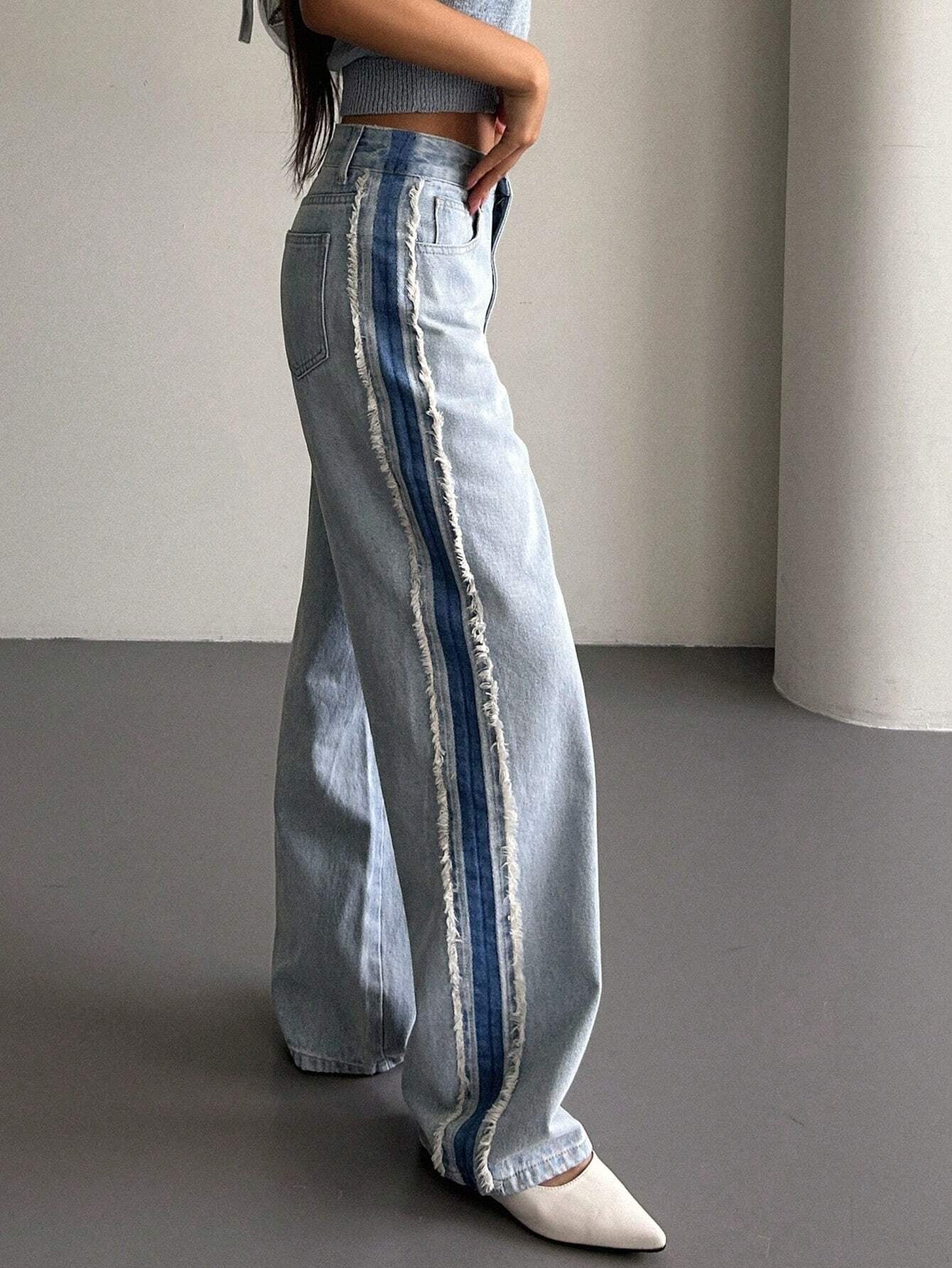 CM-BS152327 Women Preppy Seoul Style High Waist Contrast Side Seam Straight Leg Jeans