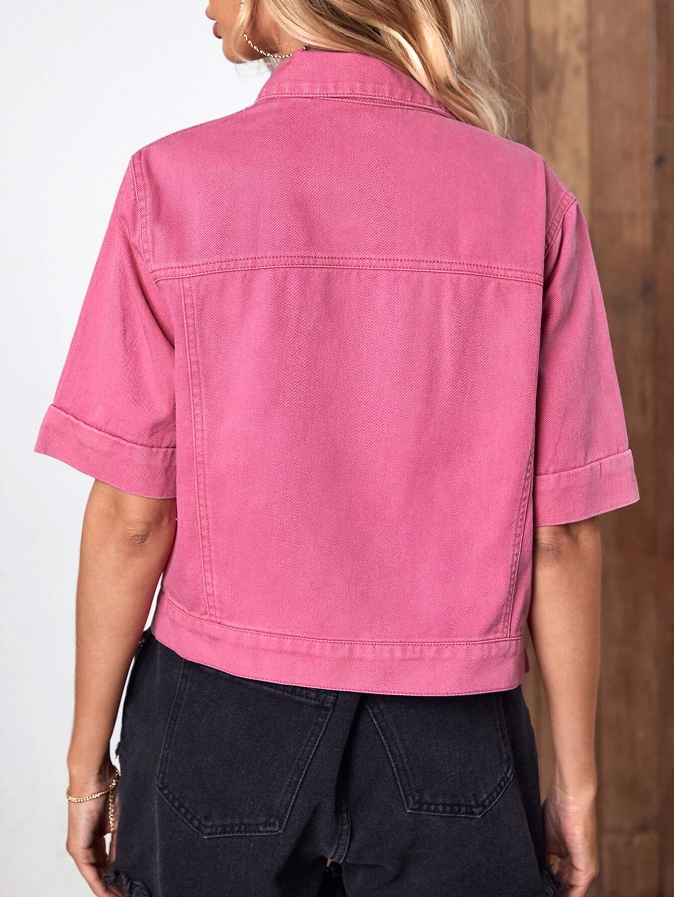 CM-CS002444 Women Casual Seoul Style Flap Pocket Button Front Denim Jacket - Hot Pink