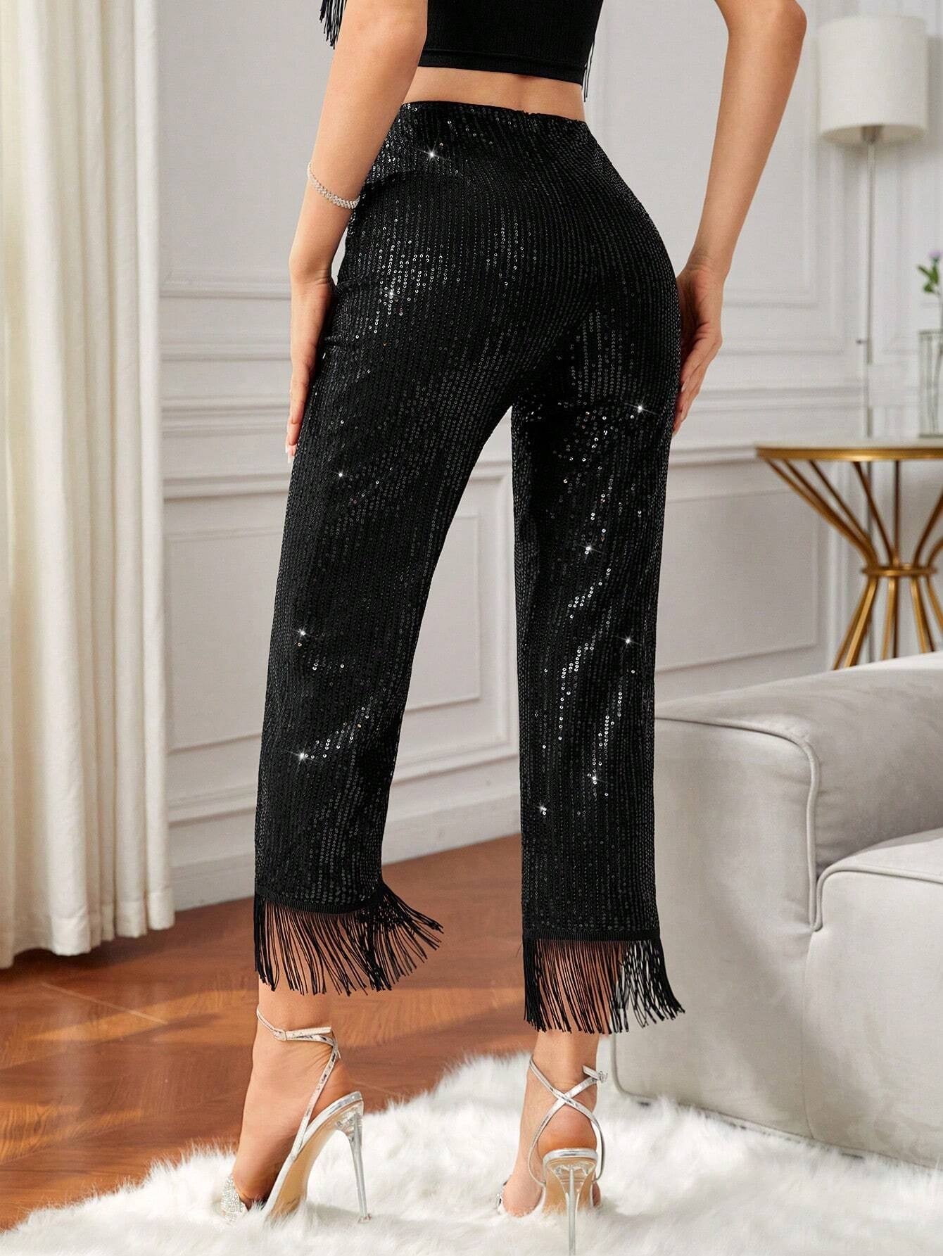 CM-BS441024 Women Elegant Seoul Style High Waist Fringe Hem Sequin Flare Leg Pants