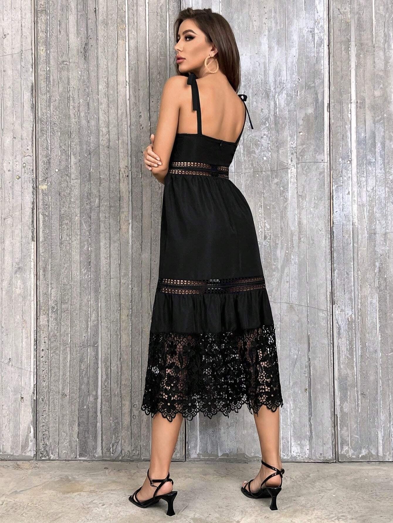 CM-DS276337 Women Trendy Bohemian Style Guipure Lace Insert Tie Shoulder Ruffle Hem Cami Dress